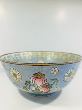 Vintage Decorative Bowl Macau Hand Painted Asian Floral Porcelain Blue 9”